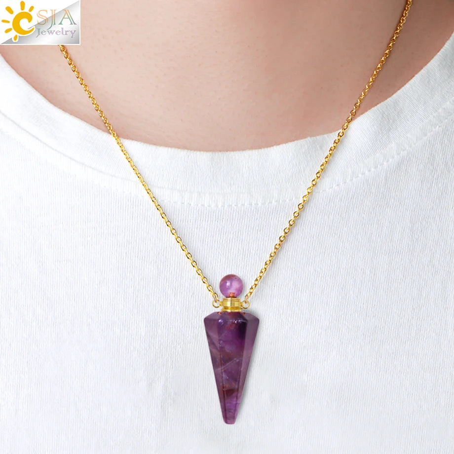 Natural Stone Cone Perfume Bottle Necklace Clear Quartz Crystal Essential Oil Diffuser Pendant
