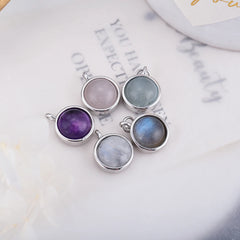 ITSMOS Natural Labradorite Moonstone Pendant Necklace Simple Round Rose Quartz Amethyst Stone Elegant Jewelry for Women Romatic