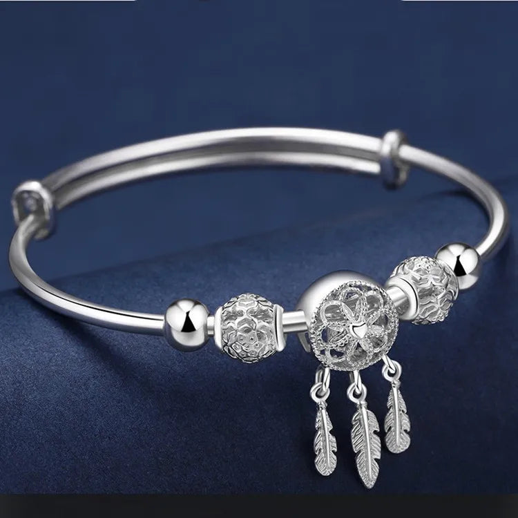 Silver Color Dreamcatcher Tassel Feather Lucky Bead Bracelet Bangle for Women Fashion Original Party Wedding Jewelry Gift