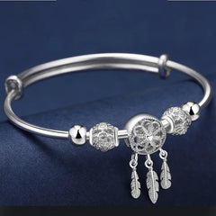 Silver Color Dreamcatcher Tassel Feather Lucky Bead Bracelet Bangle for Women Fashion Original Party Wedding Jewelry Gift