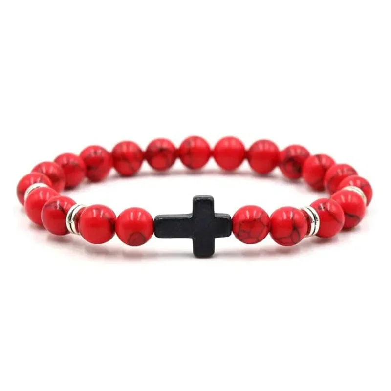 Natural Stone Wood Beads Rosary Bracelet Hematite Onyx Cross Meditation Yoga Jewelry for Men Women Handmade Spiritual Gift