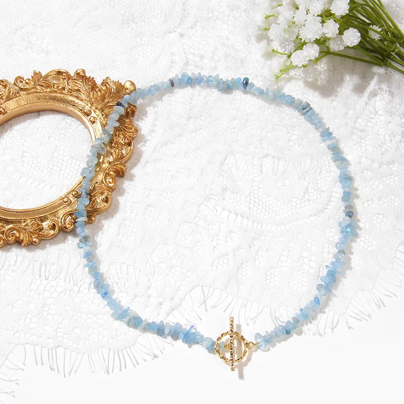 Natural Blue Stone Choker Necklace Aquamarine and Quartz Crystal Beads for Women