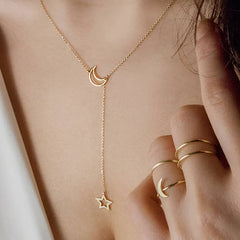 Simple Moon Star Pendant Choker Necklace Gold Alloy Chain for Women