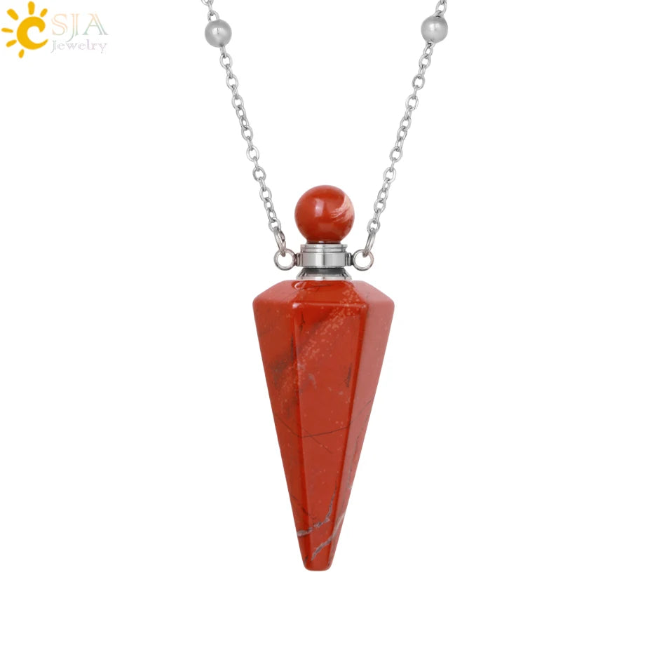 Natural Stone Cone Perfume Bottle Necklace Clear Quartz Crystal Essential Oil Diffuser Pendant