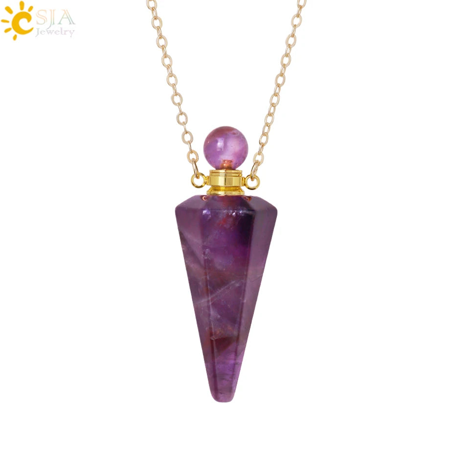 Natural Stone Cone Perfume Bottle Necklace Clear Quartz Crystal Essential Oil Diffuser Pendant