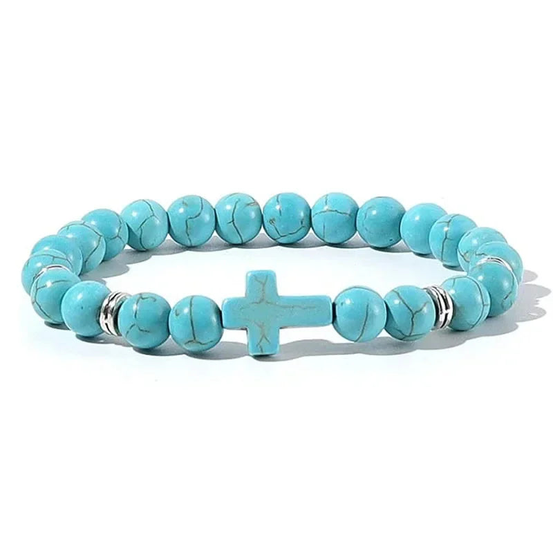 Natural Stone Wood Beads Rosary Bracelet Hematite Onyx Cross Meditation Yoga Jewelry for Men Women Handmade Spiritual Gift