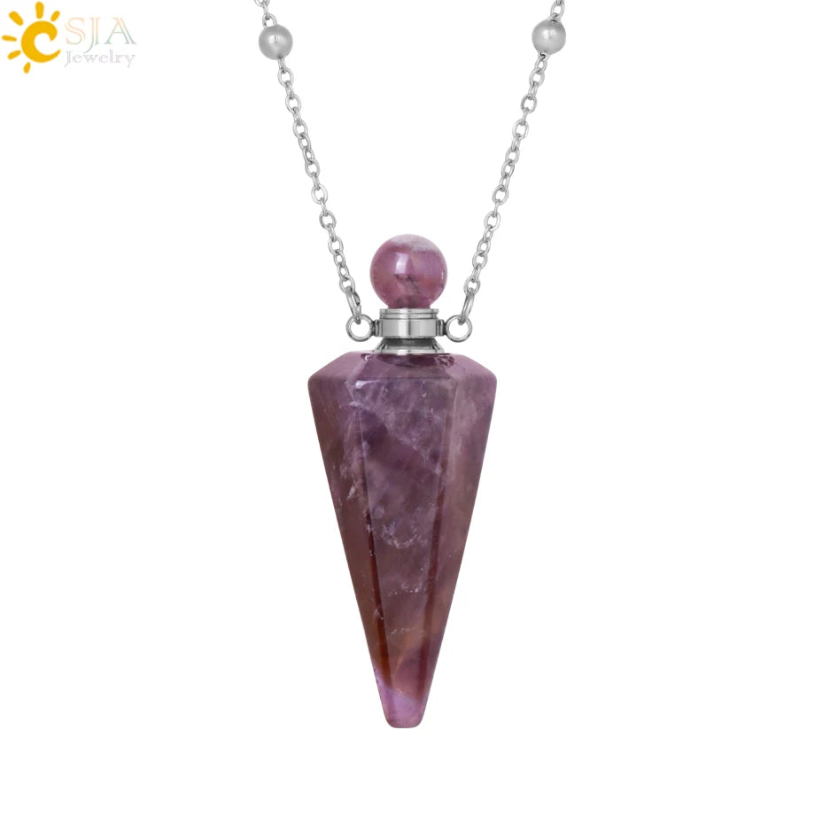 Natural Stone Cone Perfume Bottle Necklace Clear Quartz Crystal Essential Oil Diffuser Pendant