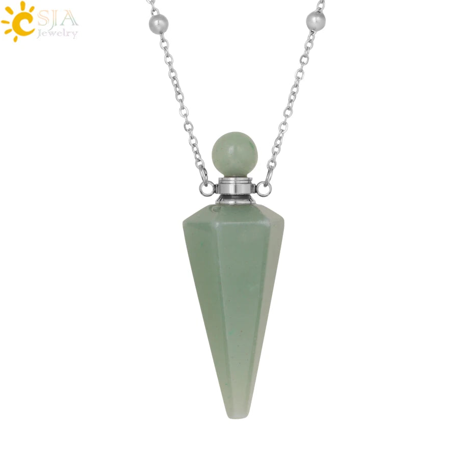 Natural Stone Cone Perfume Bottle Necklace Clear Quartz Crystal Essential Oil Diffuser Pendant