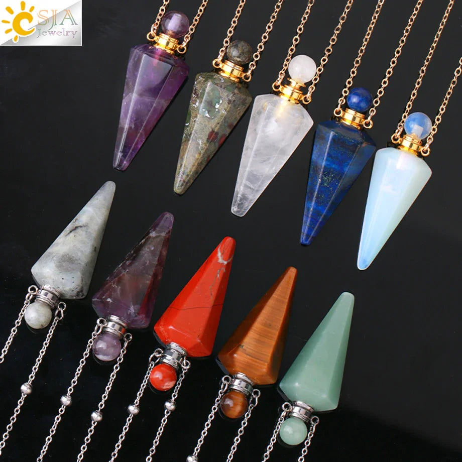 Natural Stone Cone Perfume Bottle Necklace Clear Quartz Crystal Essential Oil Diffuser Pendant