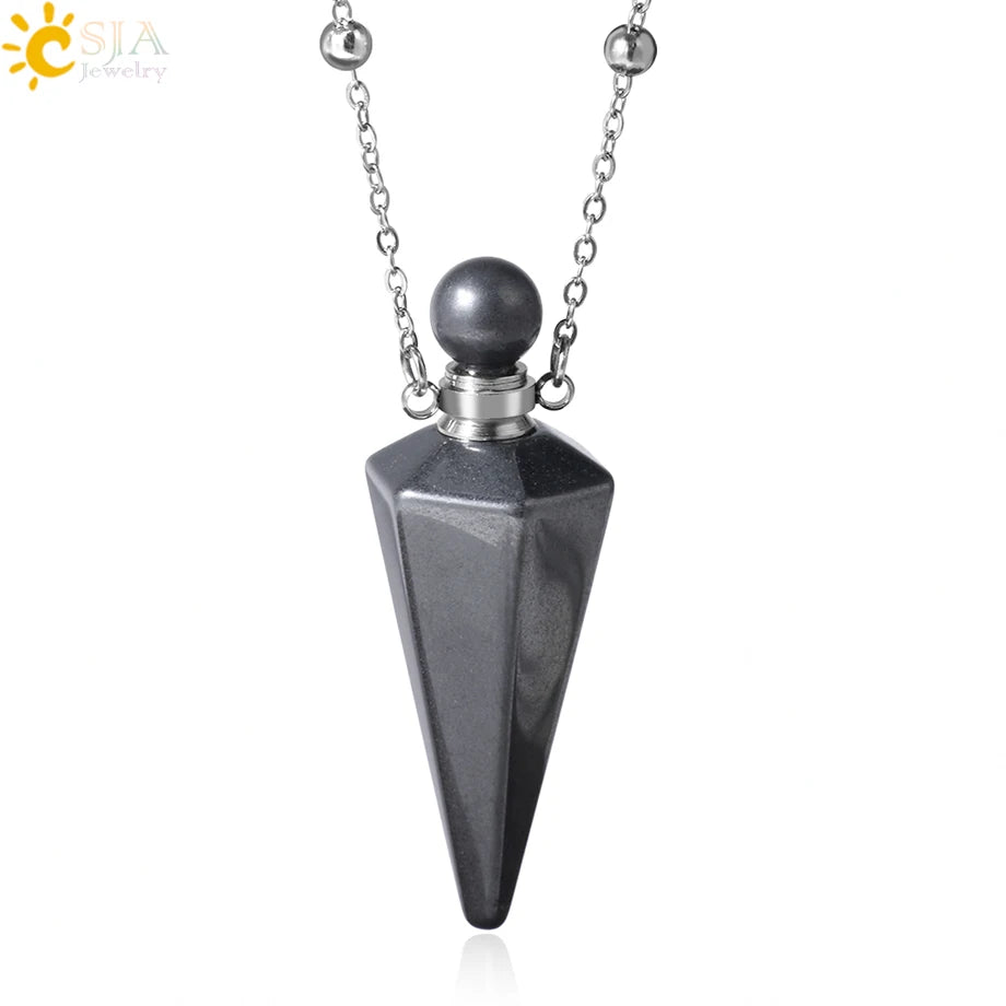 Natural Stone Cone Perfume Bottle Necklace Clear Quartz Crystal Essential Oil Diffuser Pendant