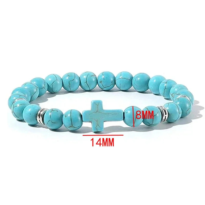 Natural Stone Wood Beads Rosary Bracelet Hematite Onyx Cross Meditation Yoga Jewelry for Men Women Handmade Spiritual Gift