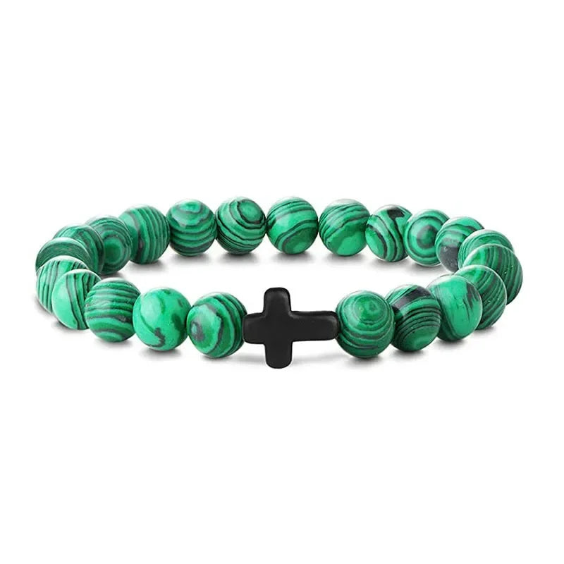 Natural Stone Wood Beads Rosary Bracelet Hematite Onyx Cross Meditation Yoga Jewelry for Men Women Handmade Spiritual Gift