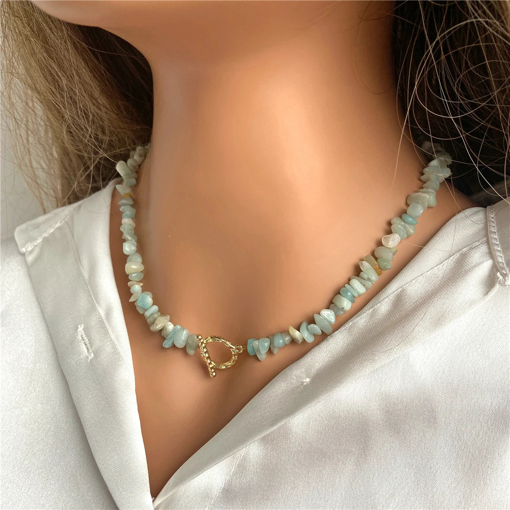 Natural Blue Stone Choker Necklace Aquamarine and Quartz Crystal Beads for Women