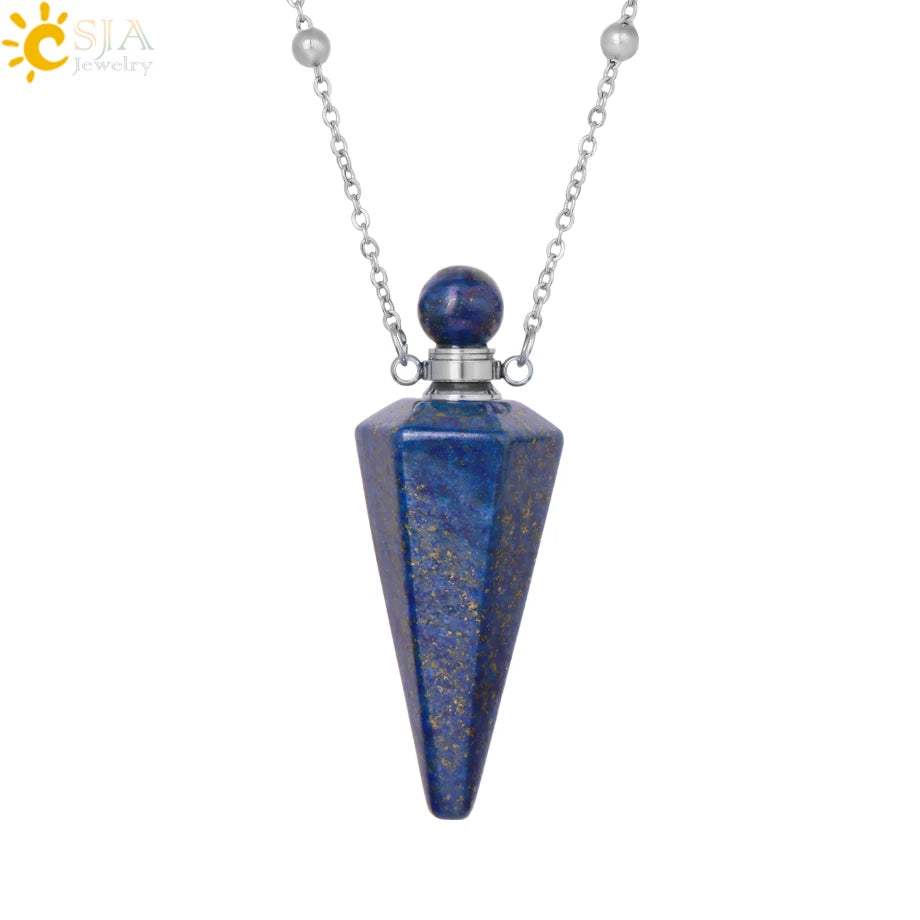 Natural Stone Cone Perfume Bottle Necklace Clear Quartz Crystal Essential Oil Diffuser Pendant