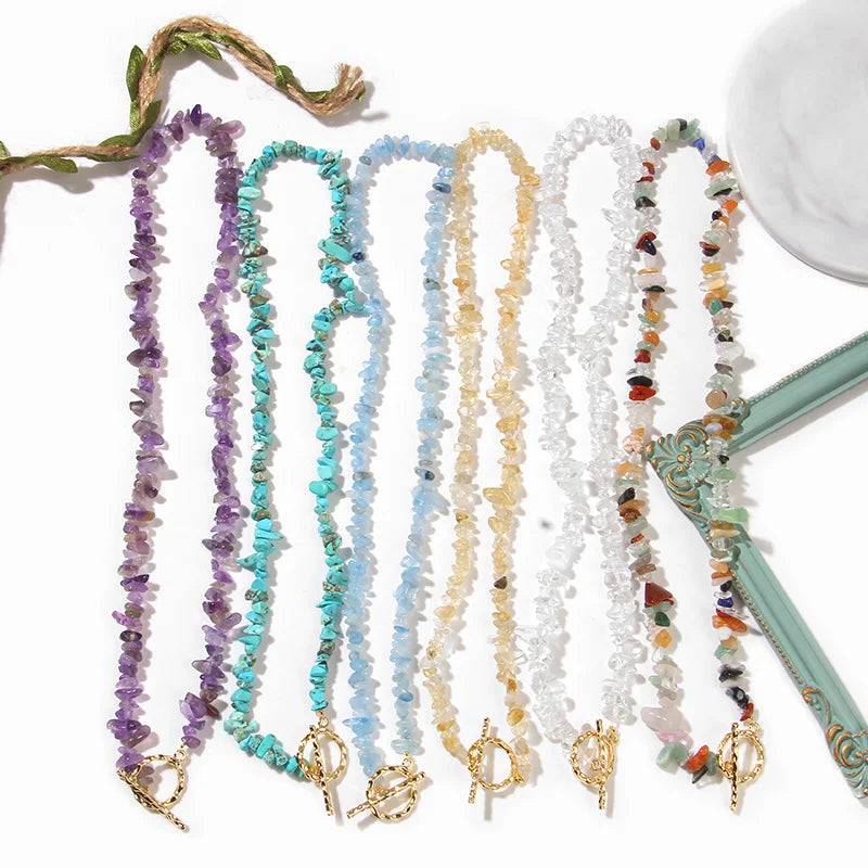Natural Blue Stone Choker Necklace Aquamarine and Quartz Crystal Beads for Women
