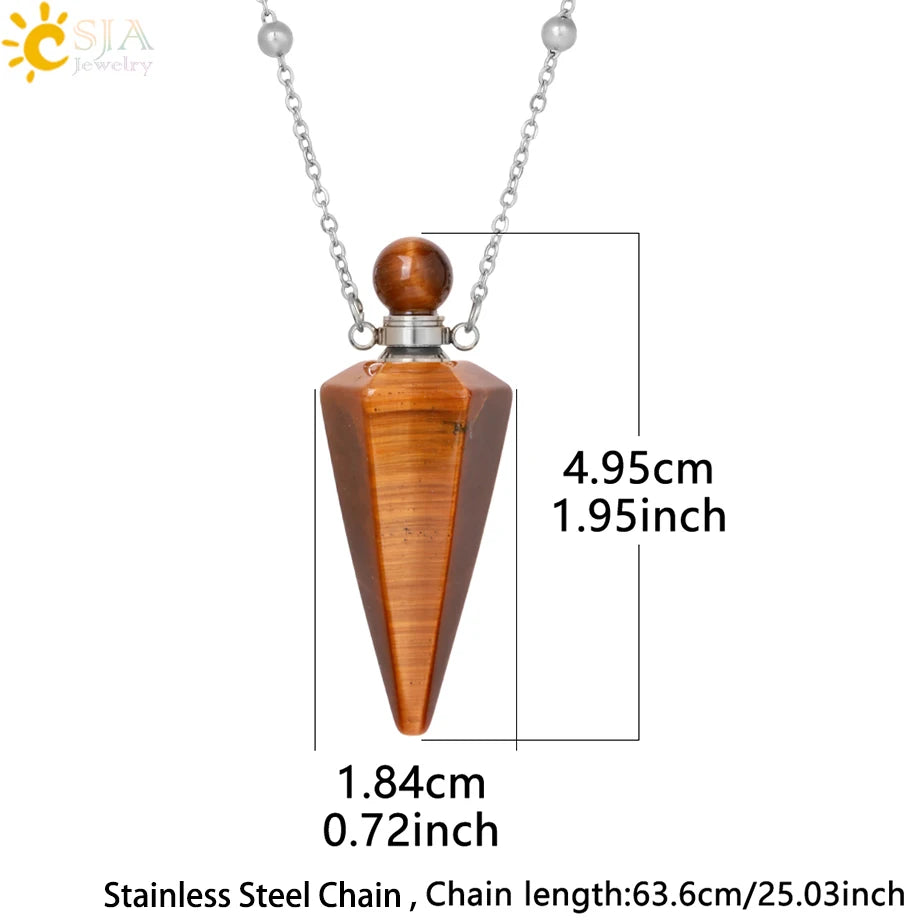 Natural Stone Cone Perfume Bottle Necklace Clear Quartz Crystal Essential Oil Diffuser Pendant