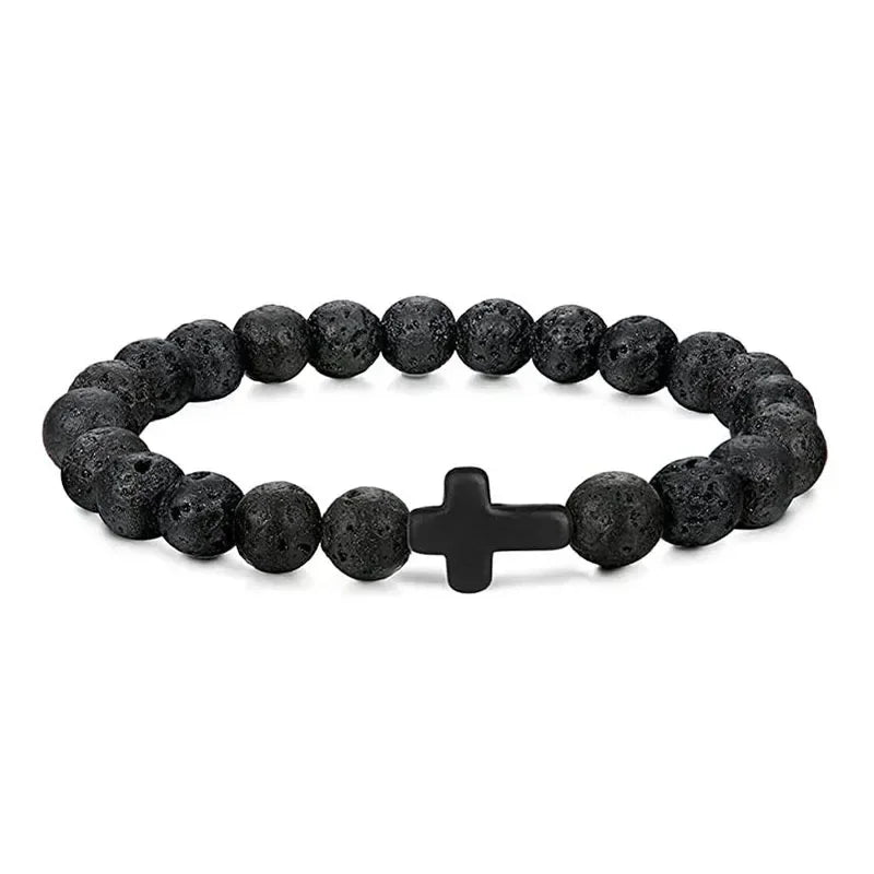 Natural Stone Wood Beads Rosary Bracelet Hematite Onyx Cross Meditation Yoga Jewelry for Men Women Handmade Spiritual Gift