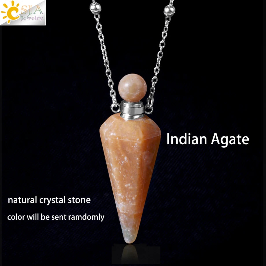 Natural Stone Cone Perfume Bottle Necklace Clear Quartz Crystal Essential Oil Diffuser Pendant