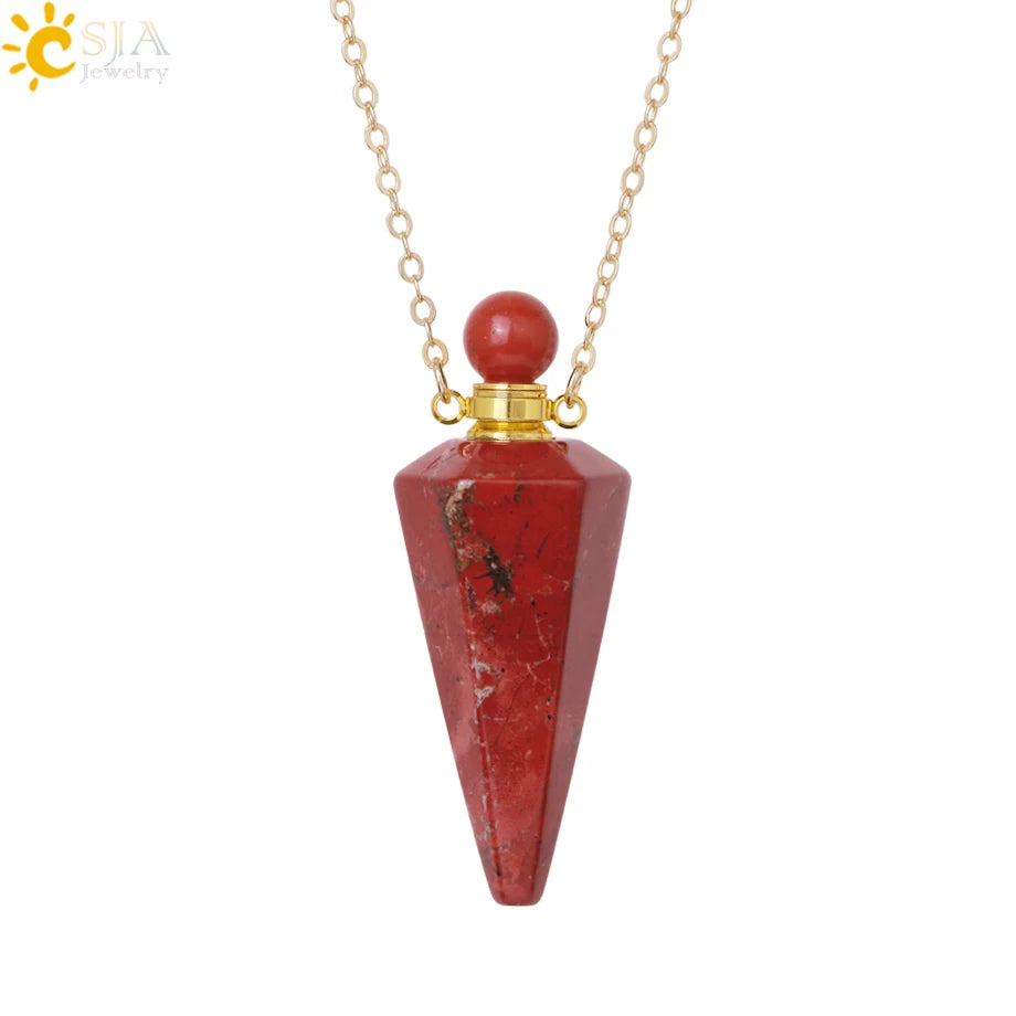 Natural Stone Cone Perfume Bottle Necklace Clear Quartz Crystal Essential Oil Diffuser Pendant