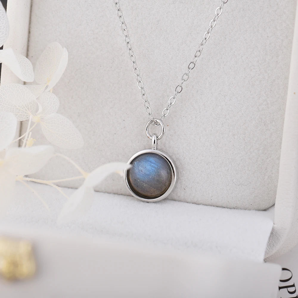 ITSMOS Natural Labradorite Moonstone Pendant Necklace Simple Round Rose Quartz Amethyst Stone Elegant Jewelry for Women Romatic