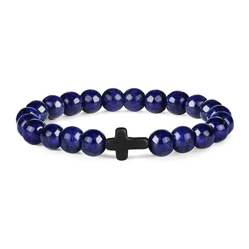 Natural Stone Wood Beads Rosary Bracelet Hematite Onyx Cross Meditation Yoga Jewelry for Men Women Handmade Spiritual Gift
