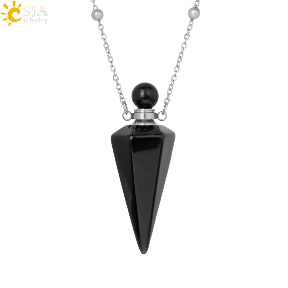 Natural Stone Cone Perfume Bottle Necklace Clear Quartz Crystal Essential Oil Diffuser Pendant