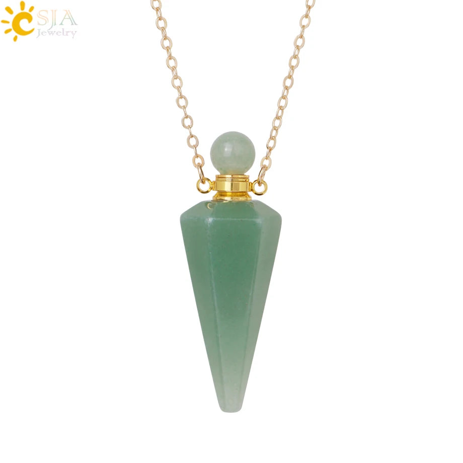Natural Stone Cone Perfume Bottle Necklace Clear Quartz Crystal Essential Oil Diffuser Pendant