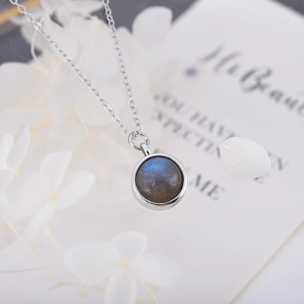 ITSMOS Natural Labradorite Moonstone Pendant Necklace Simple Round Rose Quartz Amethyst Stone Elegant Jewelry for Women Romatic