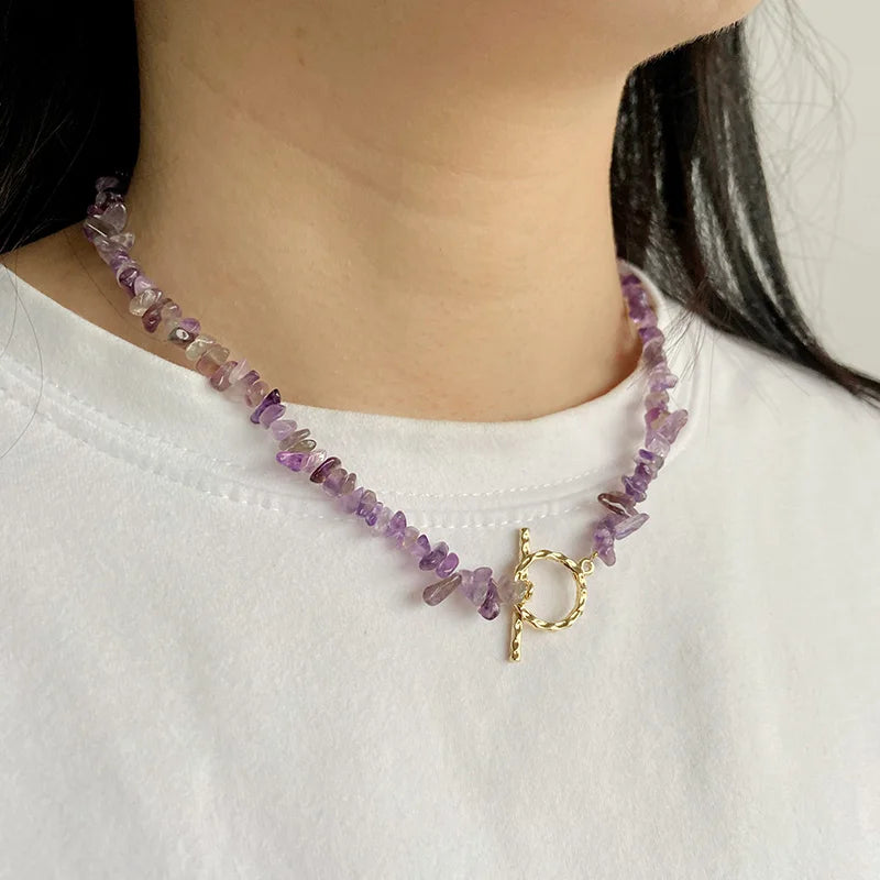 Natural Blue Stone Choker Necklace Aquamarine and Quartz Crystal Beads for Women